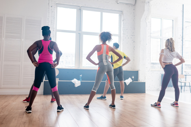 Back view of multiethnic zumba dancers training together in dance studio - Photo, Image