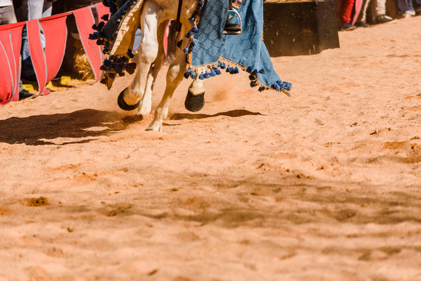 Detail der Beine galoppierender Pferde, die als mittelalterliches Reittier geschmückt sind - Foto, Bild