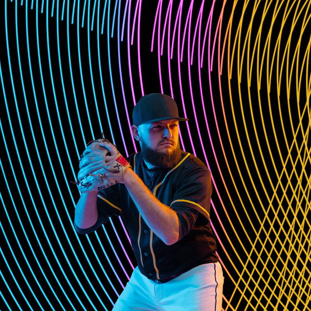 Creative sport and neon waves on dark neon lighted line background - Foto, Imagen