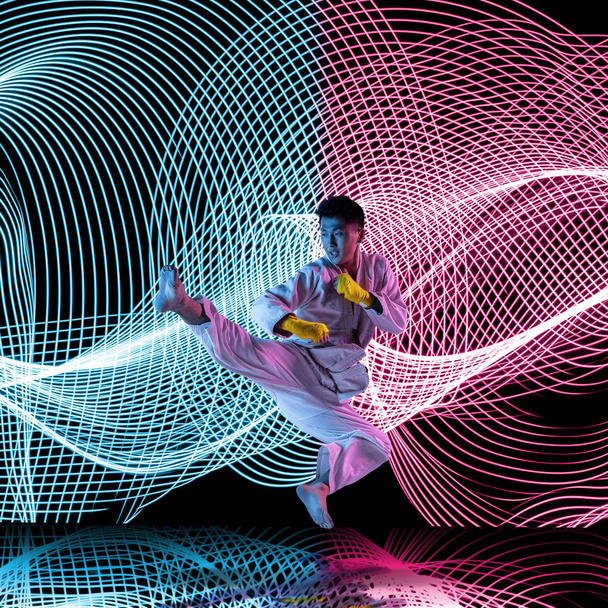 Creative sport and neon waves on dark neon lighted line background - Foto, Bild