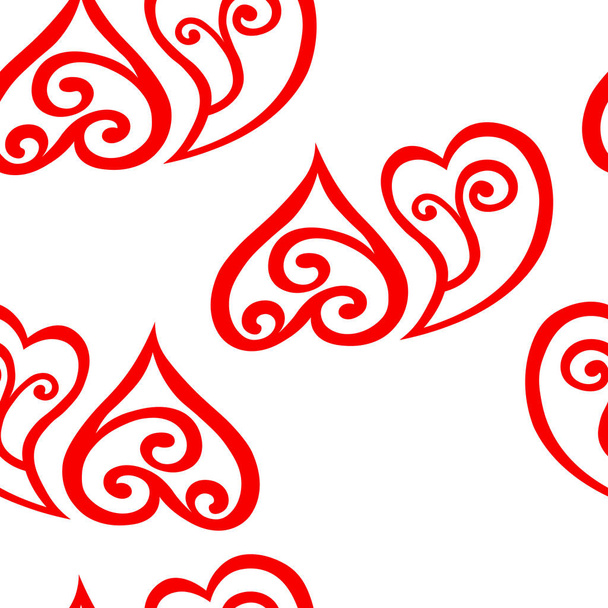 Seamless pattern with red ornate hearts on white background. Design for Valentine's day, wedding, birthday, Mothers Day. Vector illustration for fabric, wallpaper, posters, card, textile. - Vektor, obrázek