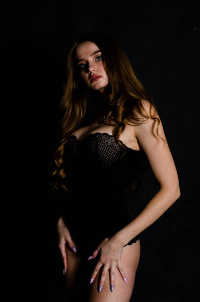 High sexy brunette lingerie studio portrait - Zdjęcie, obraz