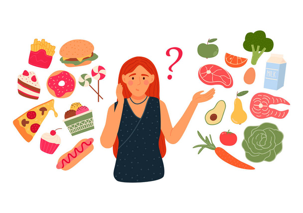 Mujer elige entre comida rápida y comida sana y viva
 - Vector, imagen
