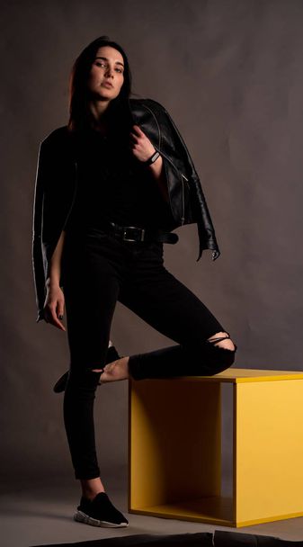 νεαρή μελαχρινή γυναίκα με κομψά ρούχα ποζάροντας σε σκοτεινό στούντιο   - Φωτογραφία, εικόνα