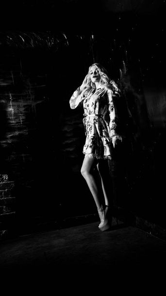 beautiful stylish blonde woman with makeup and hairdo posing on dark background   - Valokuva, kuva