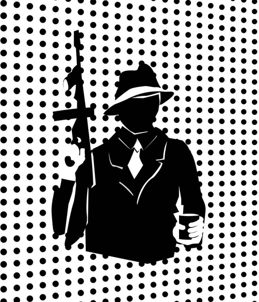 Cartel vintage de la mafia. Gángster sosteniendo arma y bebida
. - Vector, Imagen