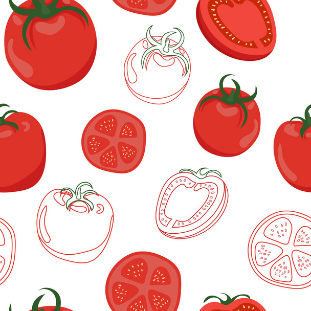 nahtloses Muster. Tomate. Gemüse. natürliche Nahrung und gesunde Ernährung. flache Vektordarstellung auf weißem Hintergrund. - Vektor, Bild