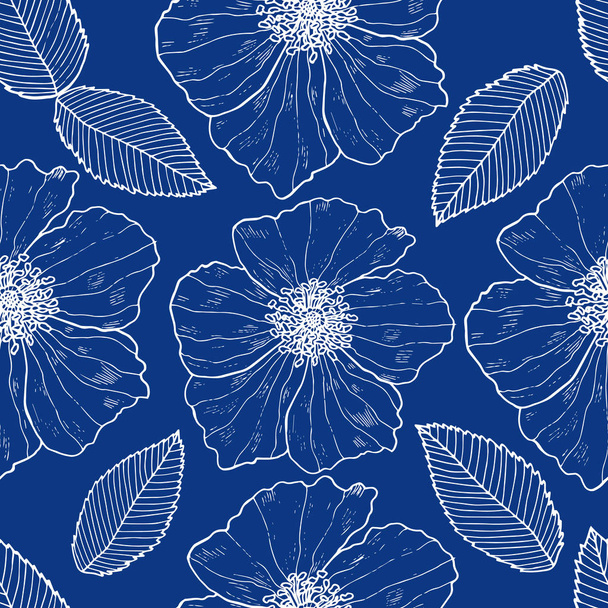 Seamless pattern with outline wild roses on the blue background. Endless blue end white texture with rosehip. - Вектор, зображення