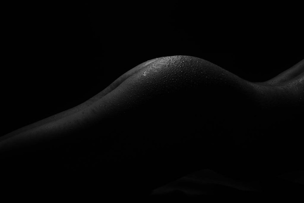 Black and White Beautiful woman body. Fashion art studio portrait of elegant naked lady with shadow on her. Female stomach isolated on black background. Erotic pose low key shoot. - Photo, image
