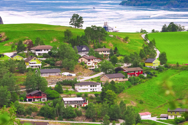 Флам, норвежская деревня и пейзаж - Фото, изображение