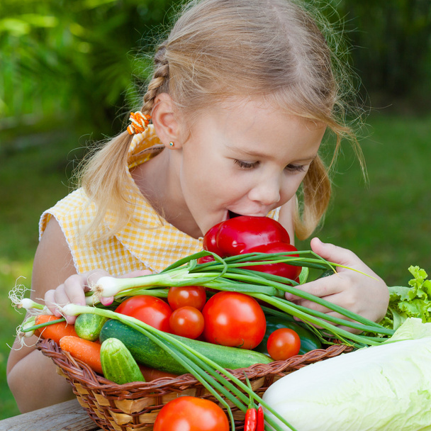 girl holding a basket of vegetables (cucumber, pepper, tomato, o - Valokuva, kuva