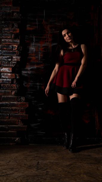Pretty young sexy model female with dark hair in red dress posing in dark studio. - Foto, imagen