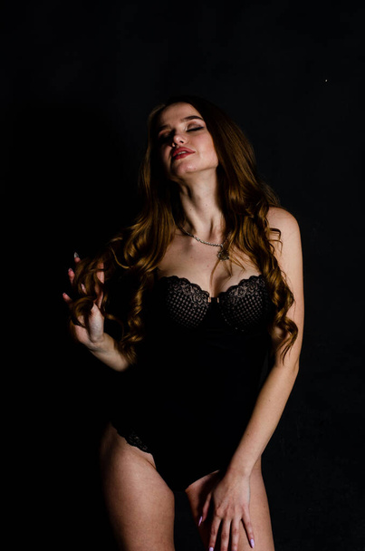 High sexy brunette lingerie studio portrait - Fotó, kép