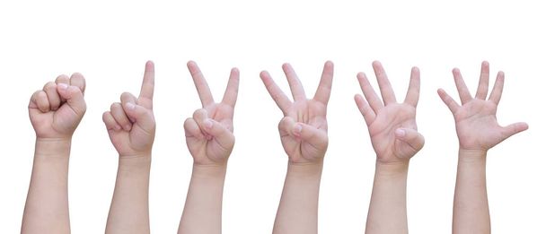 Τα χέρια του παιδιού απομονώνονται σε λευκό φόντο. Το χέρι μετράει από το μηδέν ως το πέντε. Αντικείμενο με διαδρομή απόληξης. - Φωτογραφία, εικόνα