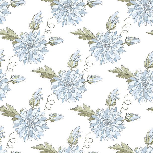 Seamless pattern with white chrysanthemums and leaves. Endless texture for design. - Vektör, Görsel