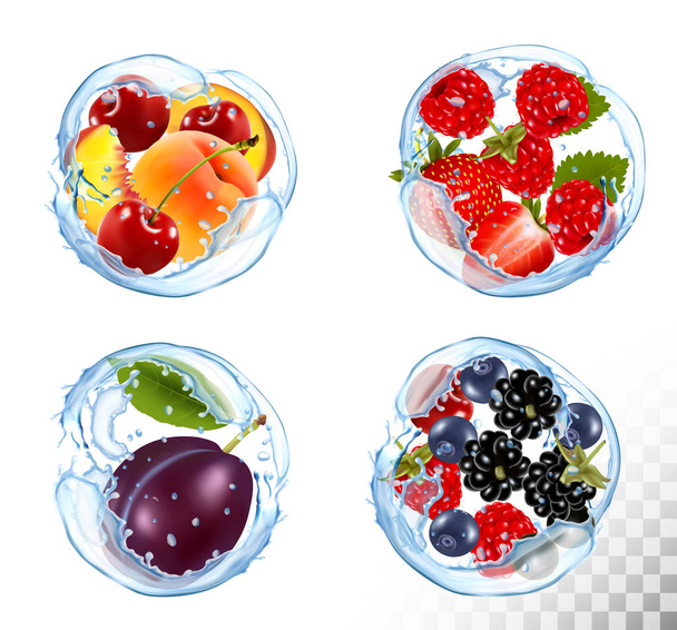 Collection of fruit and berries in a water splash. Cherry, peach - Vektor, Bild