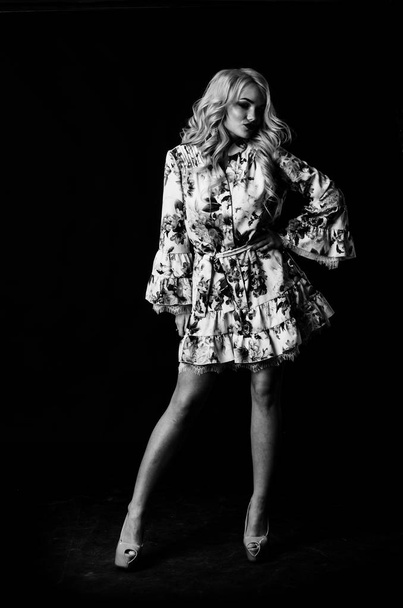 beautiful stylish blonde woman with makeup and hairdo posing on dark background   - Foto, Bild