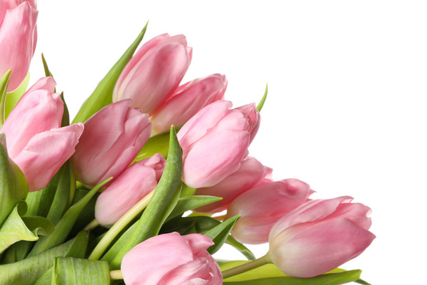 Beautiful pink tulips isolated on white background, close up - Photo, Image