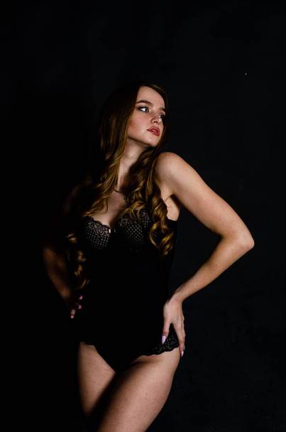 High sexy brunette lingerie studio portrait - Foto, Imagen