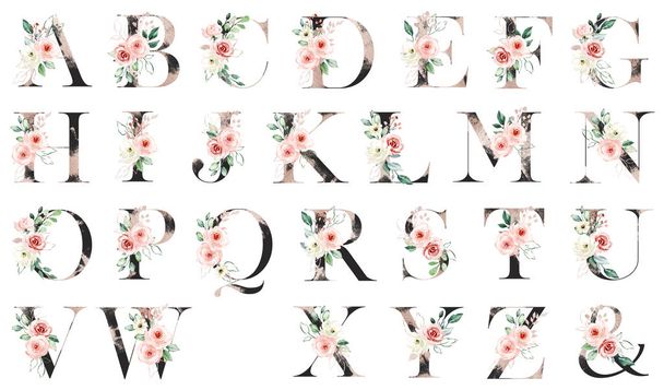 Alfabeto floral, letras engastadas con flores y hojas de acuarela
 - Foto, imagen