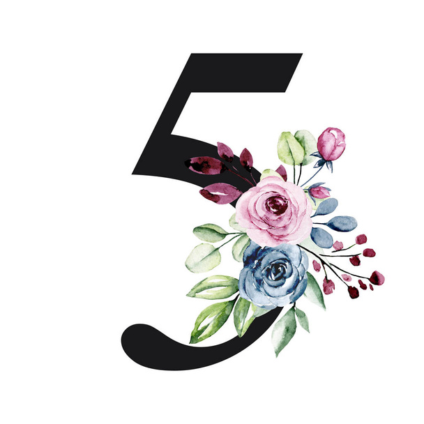 number 5 on white background, with flowers and leaves made with watercolor, floral monogram - Fotoğraf, Görsel