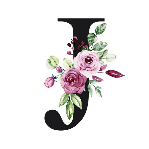 hand drawn watercolor art painting, capital letter J with floral elements - Photo, Image