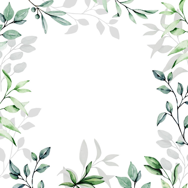 Greeting card template with watercolor leaves and flowers on white background, floral frames - Foto, Imagen