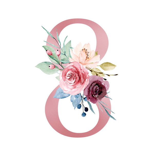 stylish pink color number 8 with floral elements on white background - Fotó, kép