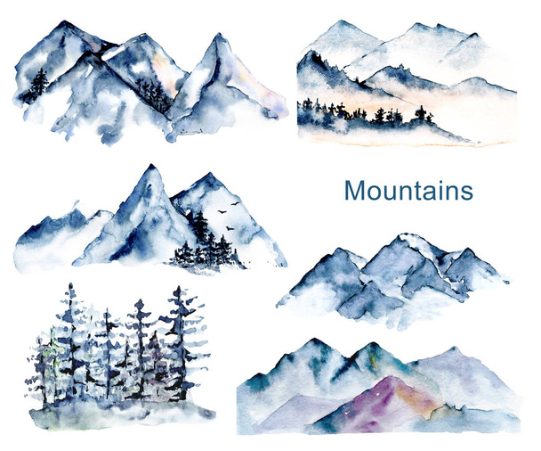 készlet akvarell rajz koncepció havas hegyek és fák  - Fotó, kép