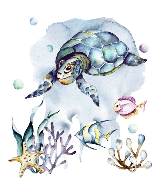 Tartaruga, peixe aquarela desenho animado conceito do mar. Animais subaquáticos, vida marinha. Perfeitamente para imprimir crianças têxteis, cartaz, cartão postal. Isolado em branco. Pintura manual
. - Foto, Imagem