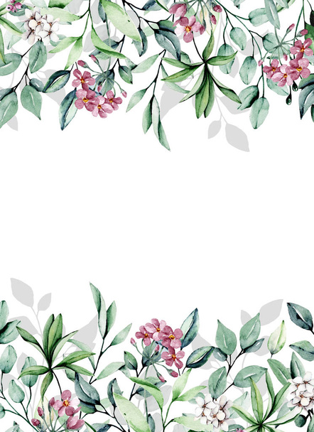 Greeting card template with watercolor leaves and flowers on white background, floral frames - Fotó, kép