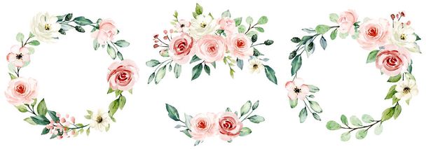 Watercolor painting vintage floral trendy set of wreaths - Photo, Image