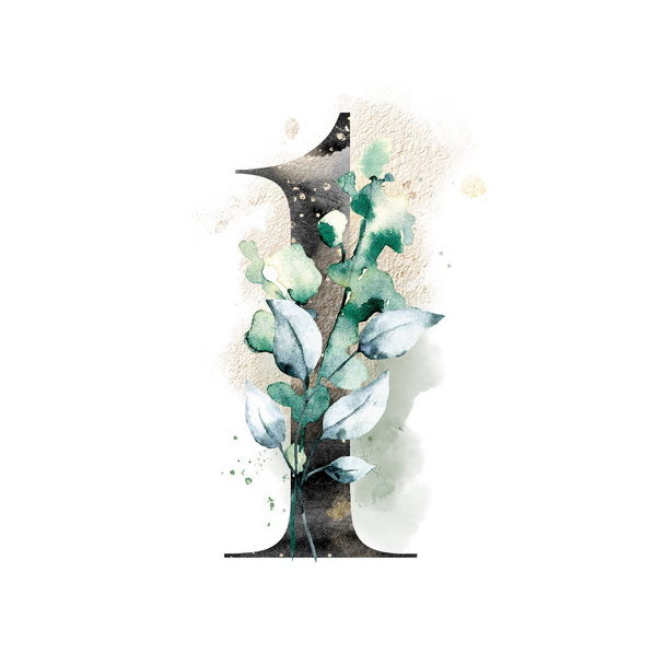 numéro 1 sur fond blanc, avec des fleurs et des feuilles à l'aquarelle, monogramme floral
 - Photo, image