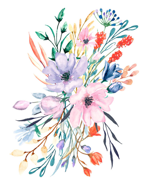 watercolor painting, beautiful spring flowers set on white background, floral concept - Foto, Imagem