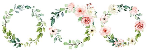 Watercolor painting vintage floral trendy set of wreaths - Photo, Image