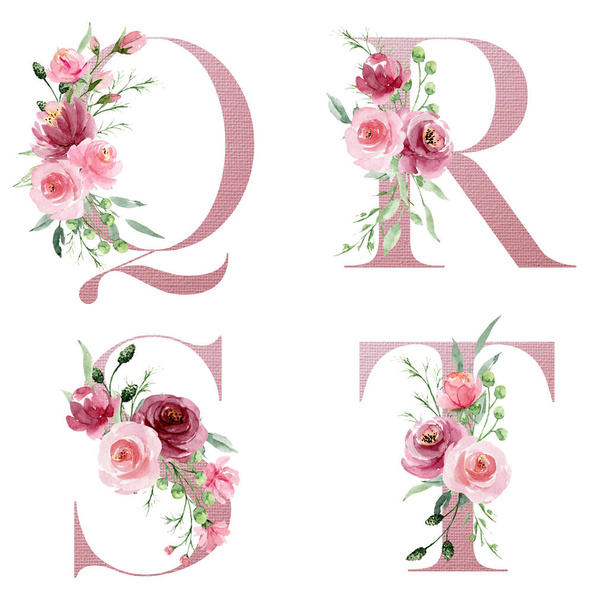 Alfabeto floral, letras Q, R, S, T, pintura artística acuarela creativa
 - Foto, Imagen