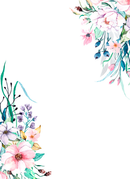 kwiecista ramka obramowanie, z akwarelą malowanie kwiatów i liści - Zdjęcie, obraz