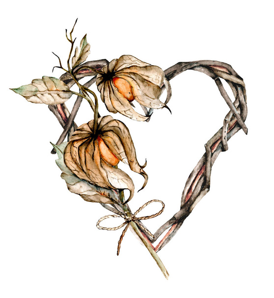 Akvarell keret szív különböző virágos elemek fehér háttér - Fotó, kép