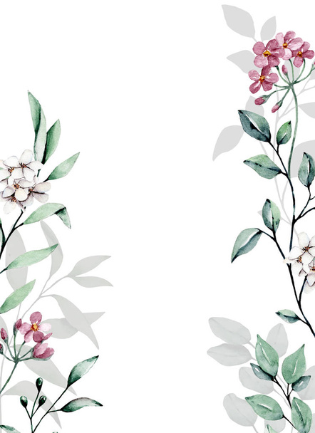 Modèle de carte de voeux avec des feuilles d'aquarelle et des fleurs sur fond blanc, cadres floraux
 - Photo, image