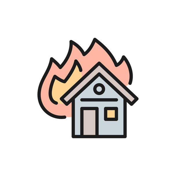 Égő ház, tűzbiztosítás lapos színes vonal ikon. - Vektor, kép