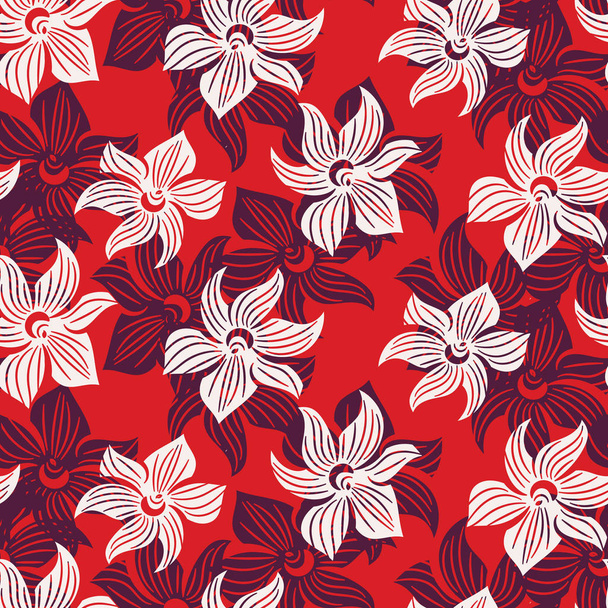 white and purple orchid flowers seamless vector pattern on a bright red background - Wektor, obraz