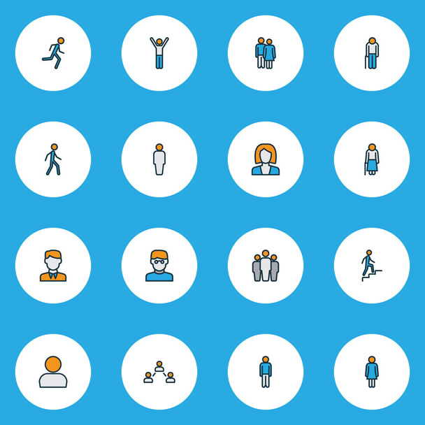 People icons colored line set with social relations, walking man, rejoicing man and other runner elements. Isolated illustration people icons. - Photo, Image
