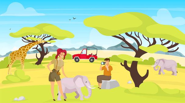 African expedition flat vector illustration. Giraffes and elephants in savannah. Woman and man photographing south creatures. Green safari landscape. Animals and people cartoon characters - Vecteur, image