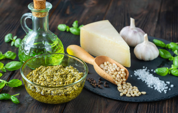Ingredients for pesto on the black stone board - Photo, image