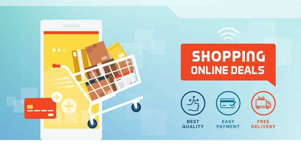Online shopping and delivery promotional sale banner with shoppi - Vetor, Imagem
