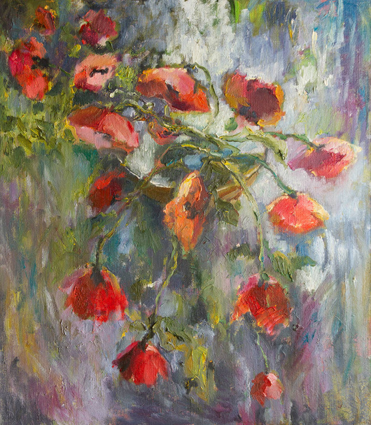Red poppies on an abstract background. Oil painting on canvas.  - Photo, Image
