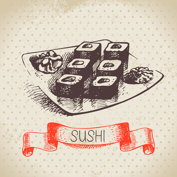 Hand drawn vintage sushi background - Vetor, Imagem