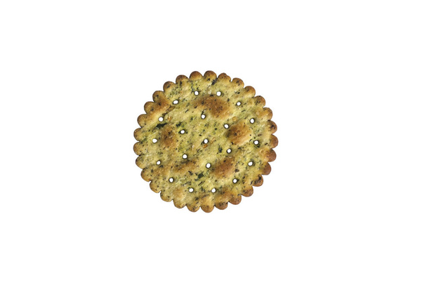 One round cracker with herbs and cheese isolated on a white background - Photo, Image