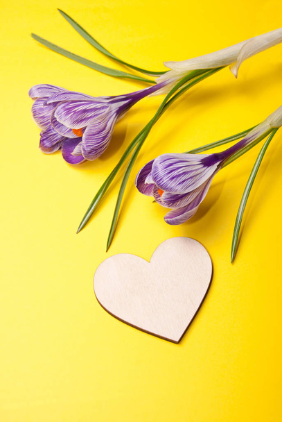 Tahta kalp ve çiçek sarı arka planda. - Fotoğraf, Görsel