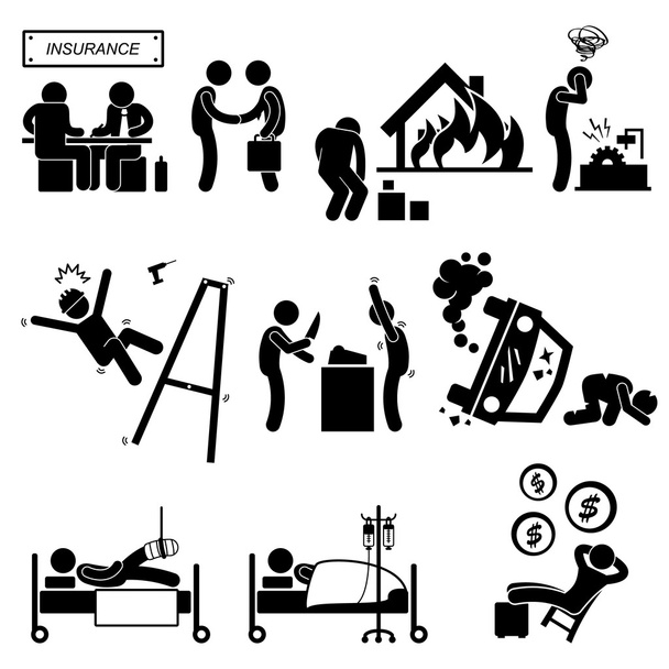 Insurance Agent Property Accident Robbery Medical Coverage Relieve Stick Figure Pictogram Icon - Vector, Image